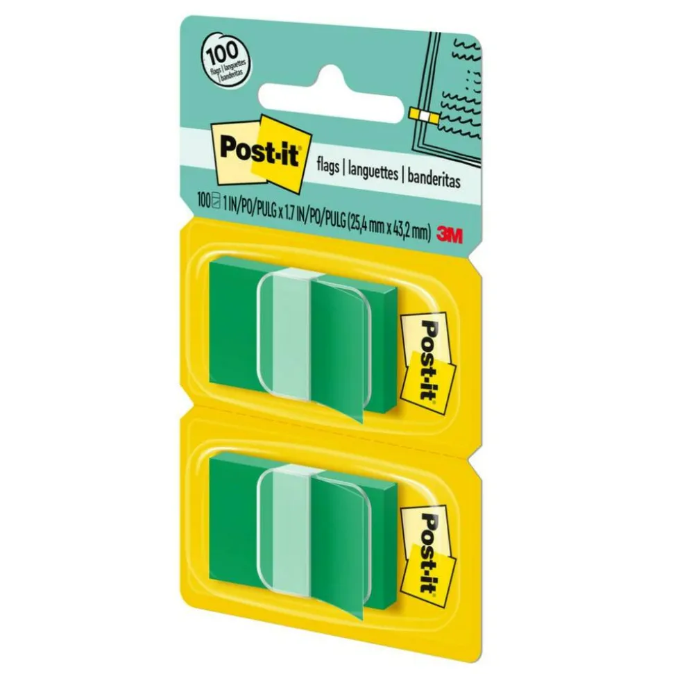 Post-it Flags, 1" x 1 -11/16", Green, 50 Flags Per Pad, Pack Of 2 Pads