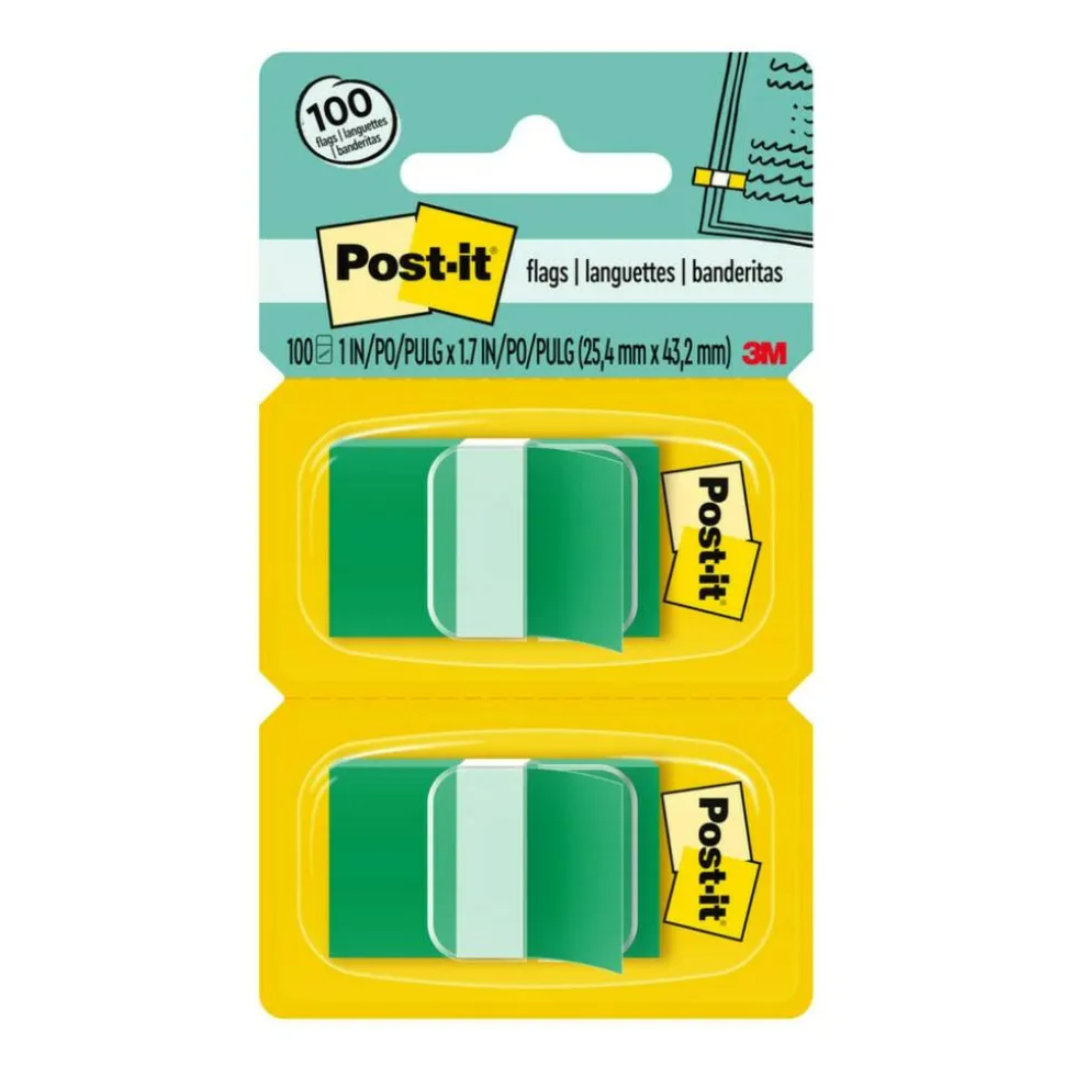 Post-it Flags, 1" x 1 -11/16", Green, 50 Flags Per Pad, Pack Of 2 Pads