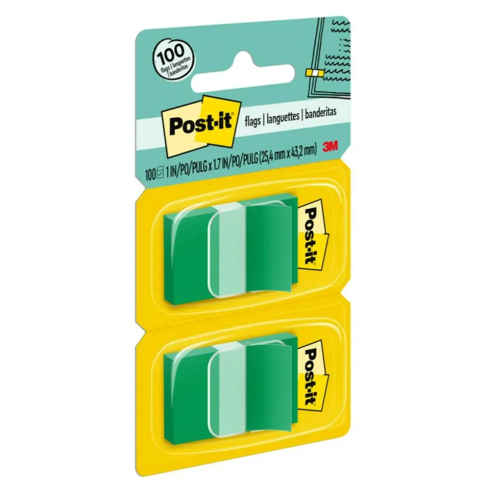 Post-it Flags, 1" x 1 -11/16", Green, 50 Flags Per Pad, Pack Of 2 Pads