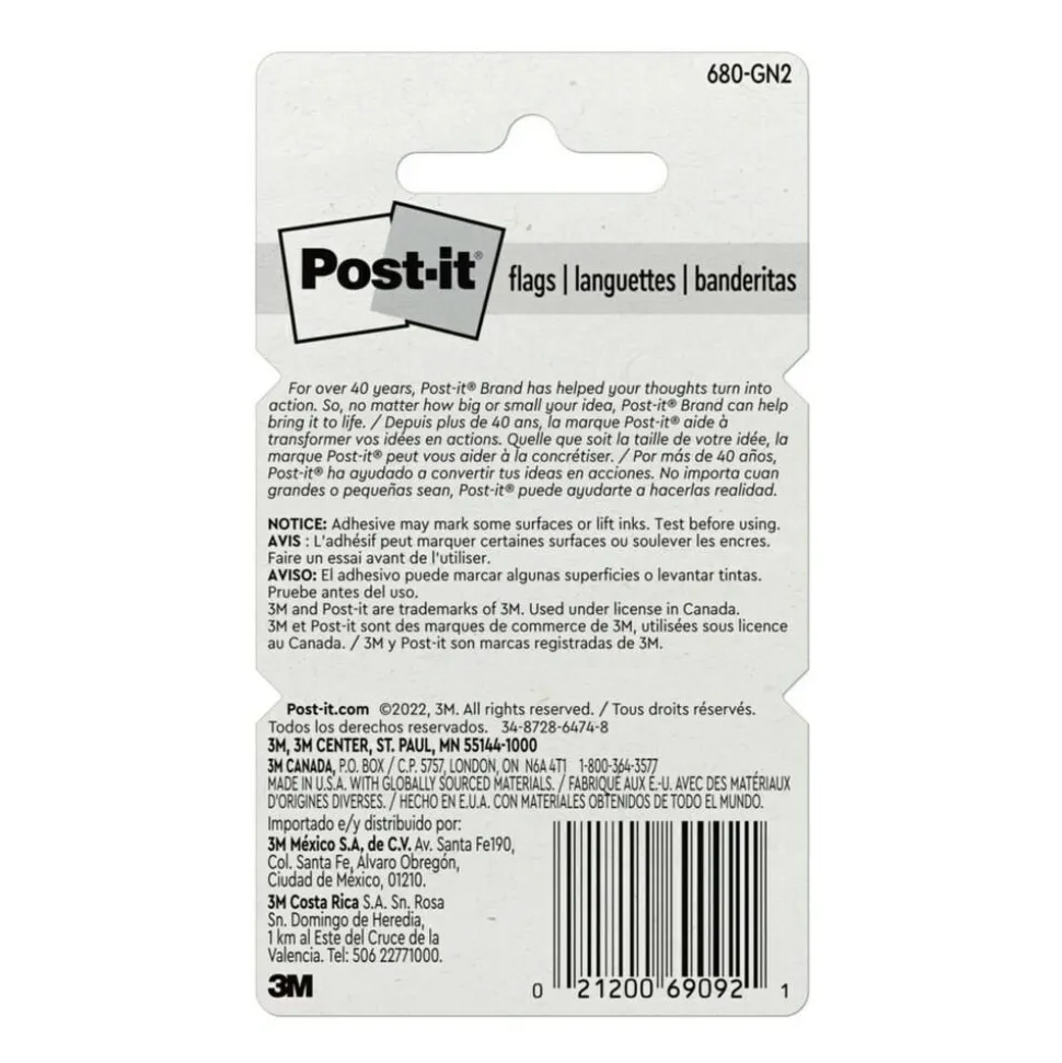 Post-it Flags, 1" x 1 -11/16", Green, 50 Flags Per Pad, Pack Of 2 Pads