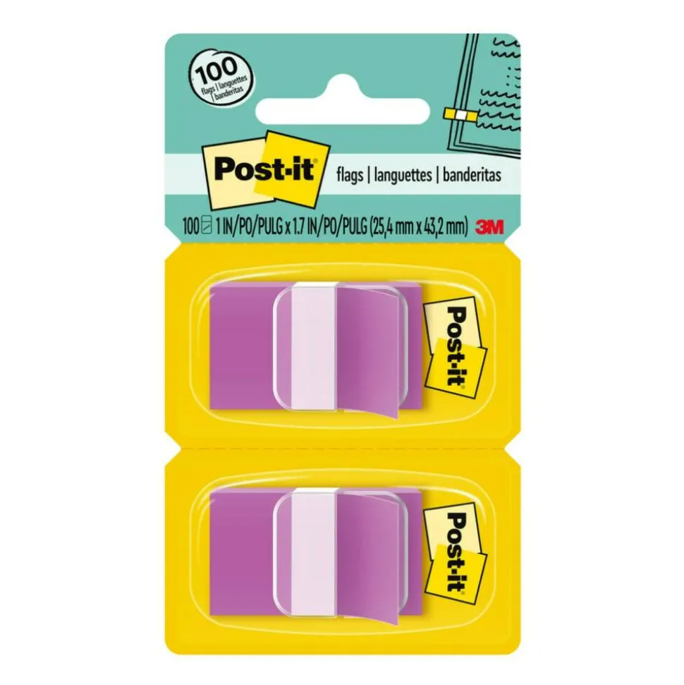 Post-it Flags, 1" x 1 -11/16", Purple, 50 Flags Per Pad, Pack Of 2 Pads