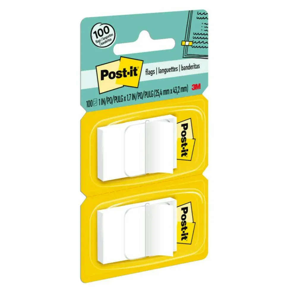 Post-it Flags, 1" x 1 -11/16", White, 50 Flags Per Pad, Pack Of 2 Pads