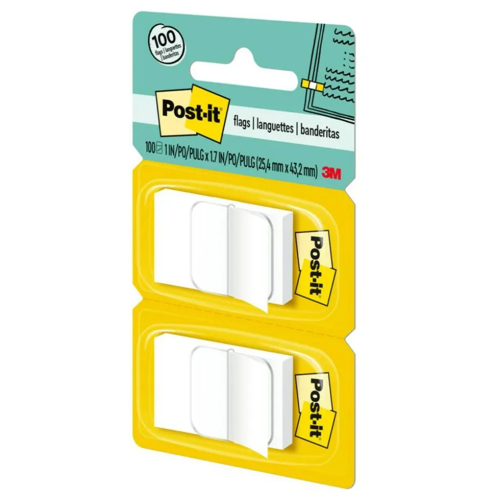 Post-it Flags, 1" x 1 -11/16", White, 50 Flags Per Pad, Pack Of 2 Pads