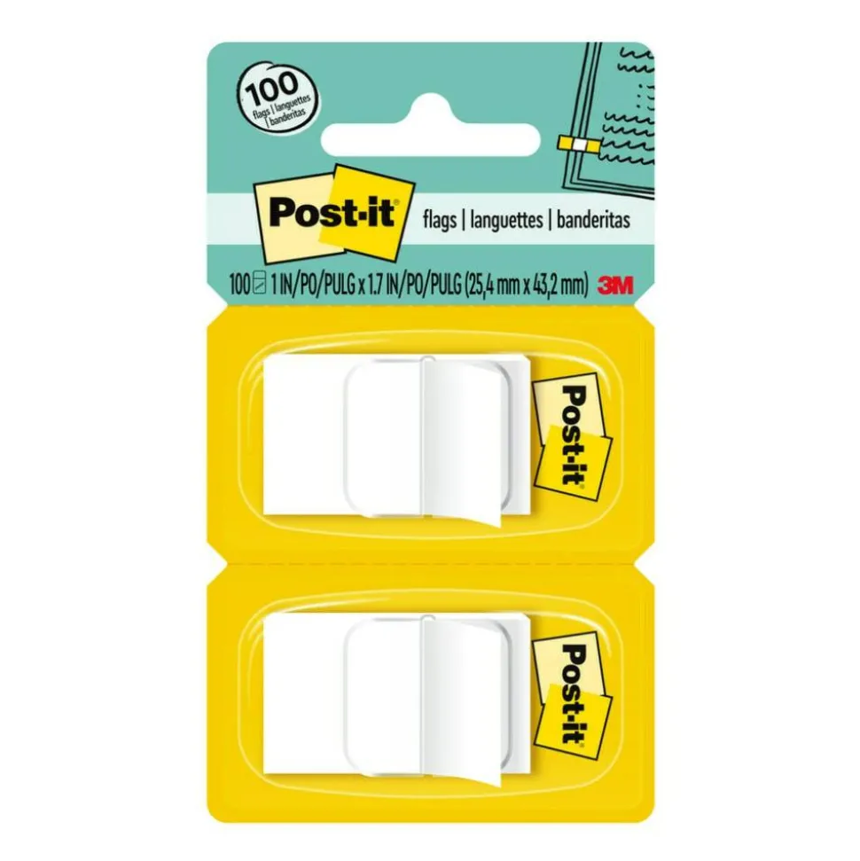 Post-it Flags, 1" x 1 -11/16", White, 50 Flags Per Pad, Pack Of 2 Pads