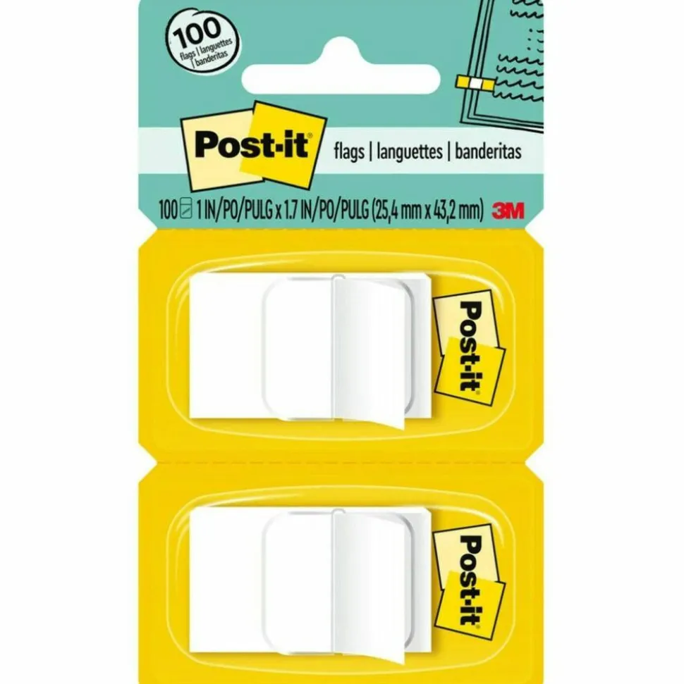 Post-it Flags, 1" x 1 -11/16", White, 50 Flags Per Pad, Pack Of 2 Pads