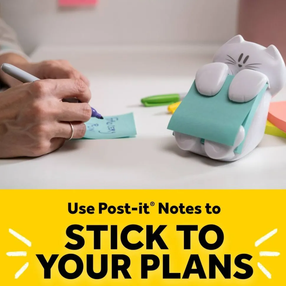 Post-it Note Dispenser, 3 in x 3 in, 1 Dispenser, 1 Pad, 45 Sheets/Pad, White Cat Design, Sticky Notes Holder for Desk, Classroom or Office Supplies