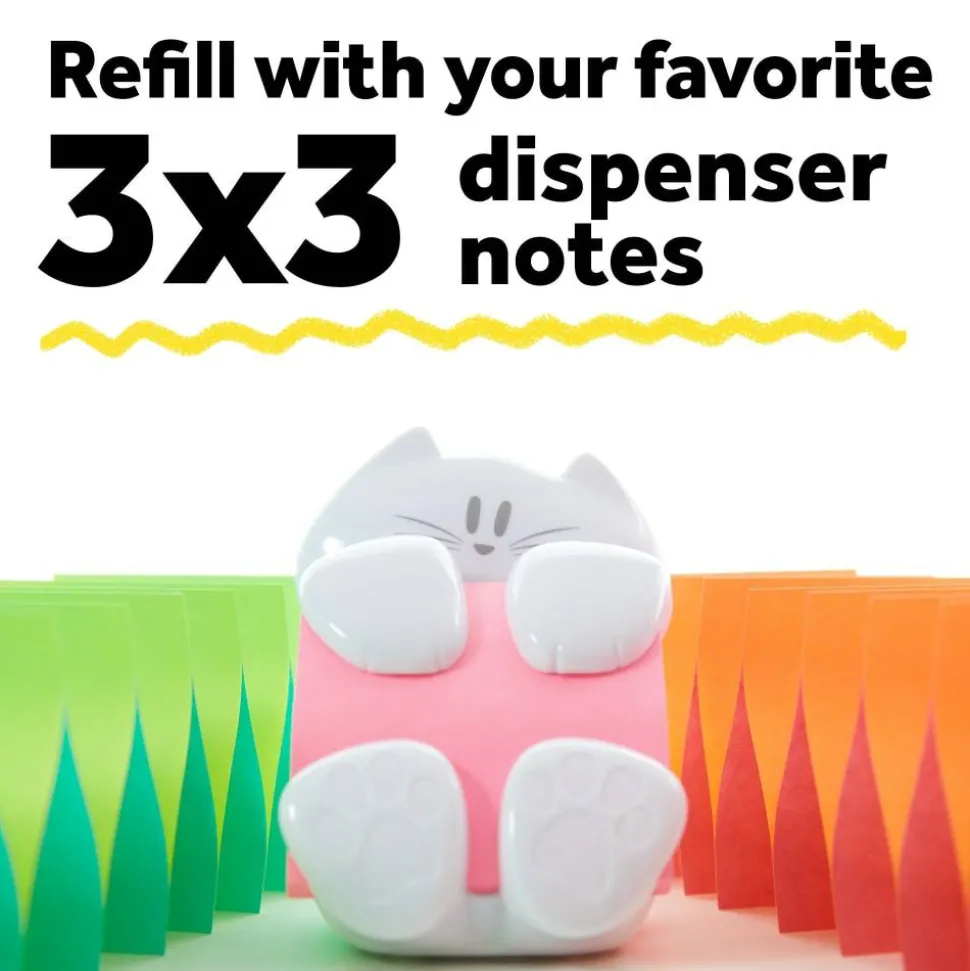 Post-it Note Dispenser, 3 in x 3 in, 1 Dispenser, 1 Pad, 45 Sheets/Pad, White Cat Design, Sticky Notes Holder for Desk, Classroom or Office Supplies