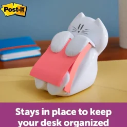Post-it Note Dispenser, 3 in x 3 in, 1 Dispenser, 1 Pad, 45 Sheets/Pad, White Cat Design, Sticky Notes Holder for Desk, Classroom or Office Supplies
