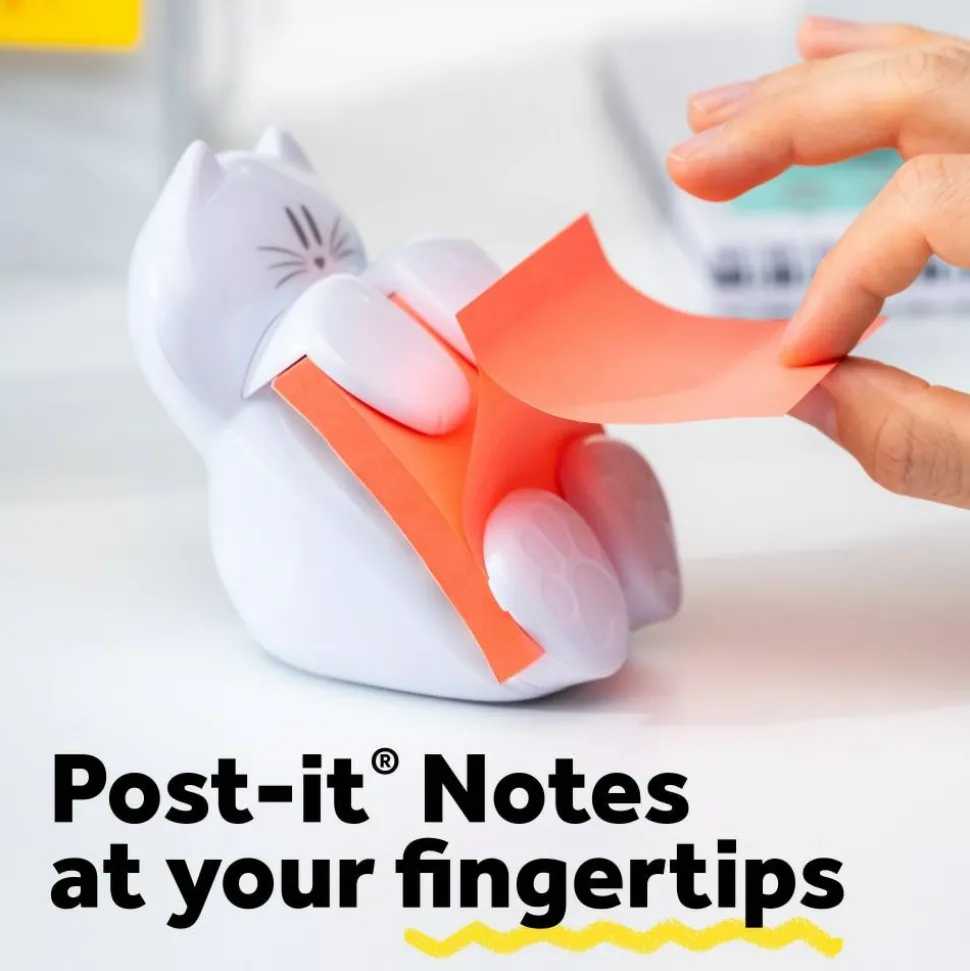 Post-it Note Dispenser, 3 in x 3 in, 1 Dispenser, 1 Pad, 45 Sheets/Pad, White Cat Design, Sticky Notes Holder for Desk, Classroom or Office Supplies