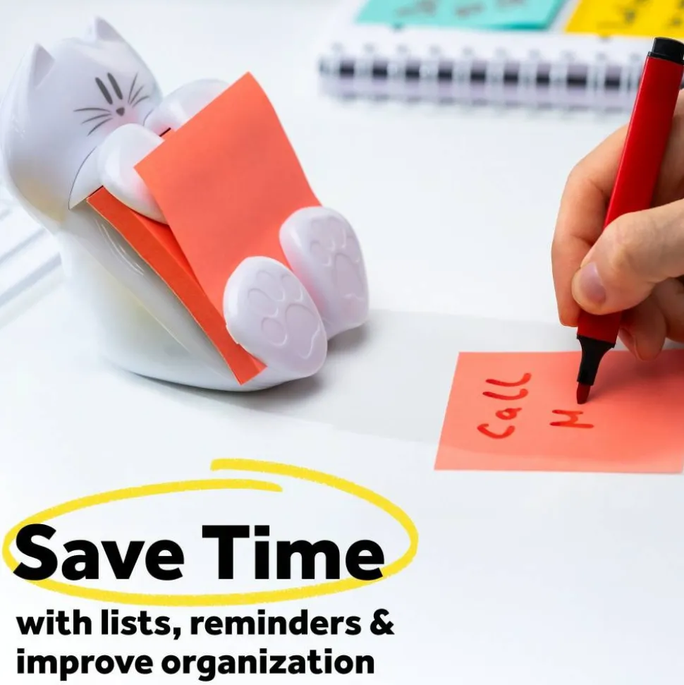Post-it Note Dispenser, 3 in x 3 in, 1 Dispenser, 1 Pad, 45 Sheets/Pad, White Cat Design, Sticky Notes Holder for Desk, Classroom or Office Supplies