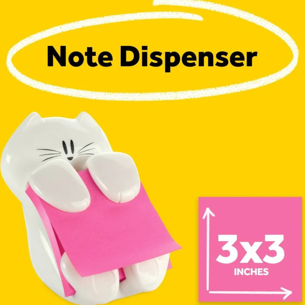 Post-it Note Dispenser, 3 in x 3 in, 1 Dispenser, 1 Pad, 45 Sheets/Pad, White Cat Design, Sticky Notes Holder for Desk, Classroom or Office Supplies