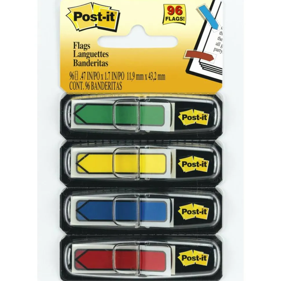 Post-it Notes Arrow Flags, 1/2", Assorted Primary Colors, 24 Flags Per Pad, Pack Of 4 Pads