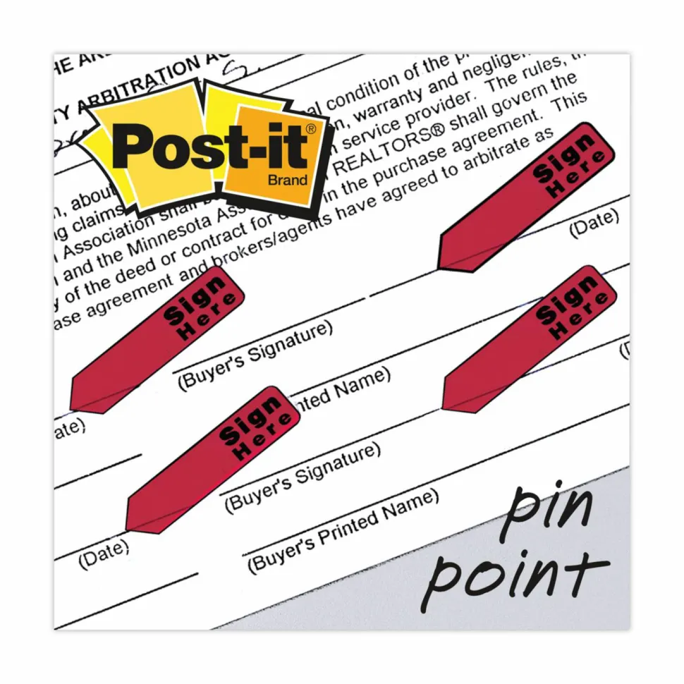 Post-it Notes Arrow Flags, " Sign Here", 1/2", Red, 20 Flags Per Pad, Pack Of 4 Pads