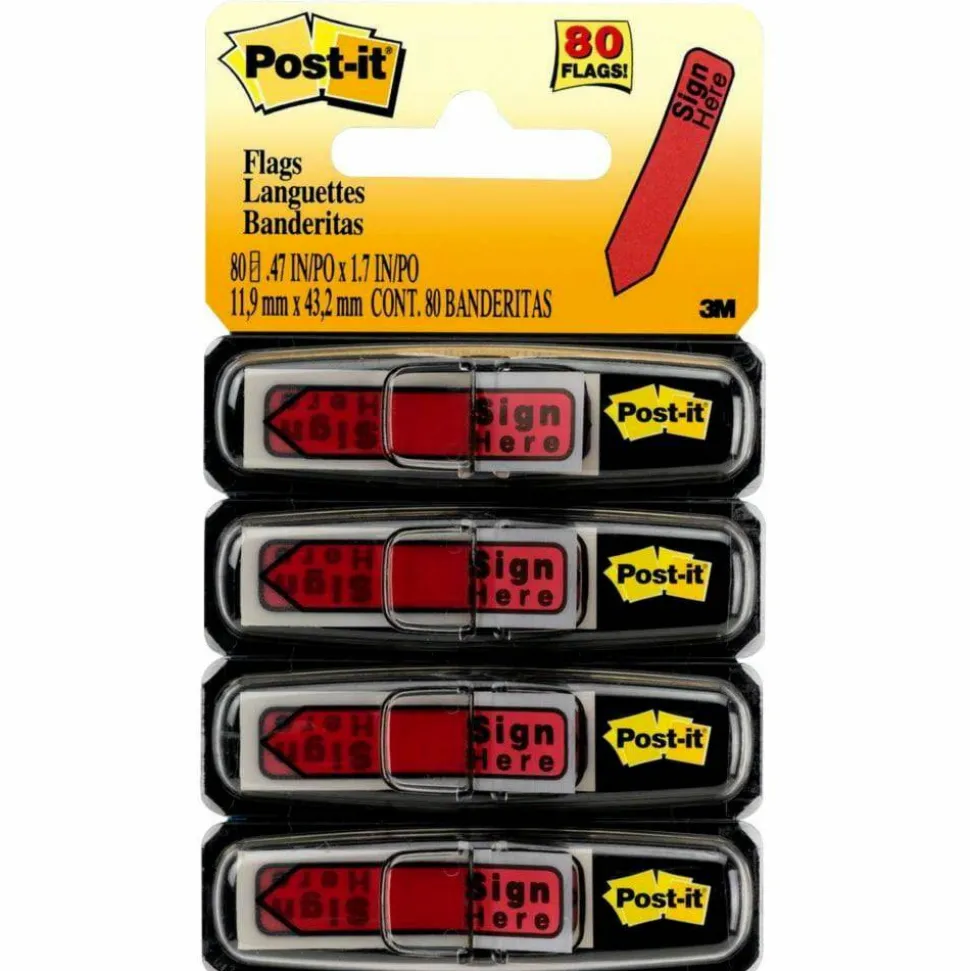 Post-it Notes Arrow Flags, " Sign Here", 1/2", Red, 20 Flags Per Pad, Pack Of 4 Pads
