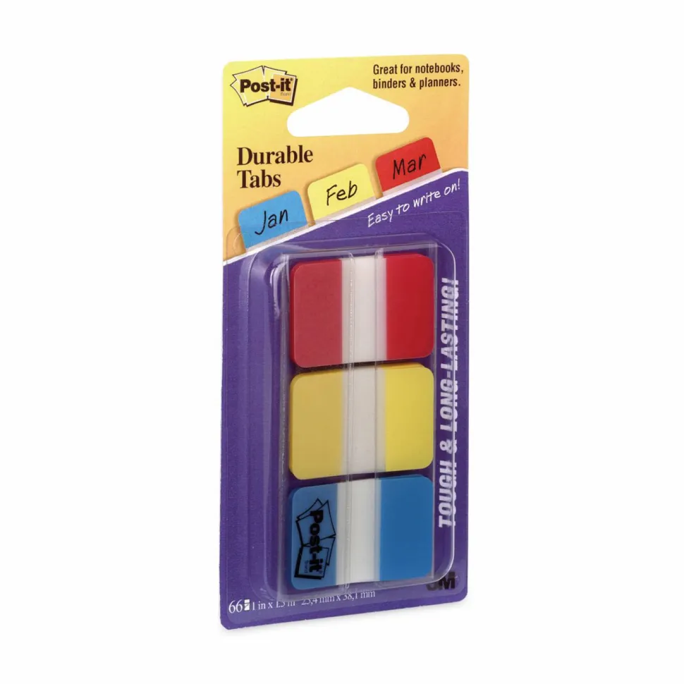 Post-it Notes Durable Filing Tabs, 1" x 1-1/2", Blue/Red/Yellow, 22 Flags Per Pad, Pack Of 3 Pads