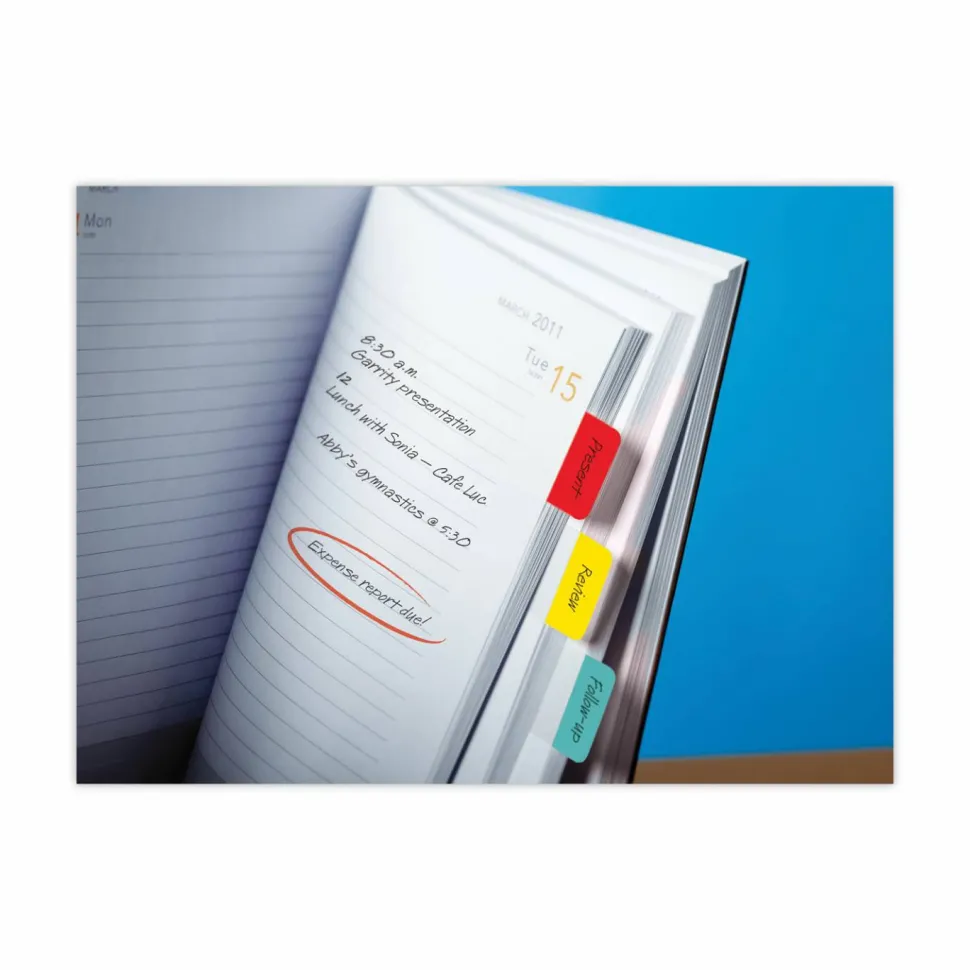 Post-it Notes Durable Filing Tabs, 1" x 1-1/2", Blue/Red/Yellow, 22 Flags Per Pad, Pack Of 3 Pads