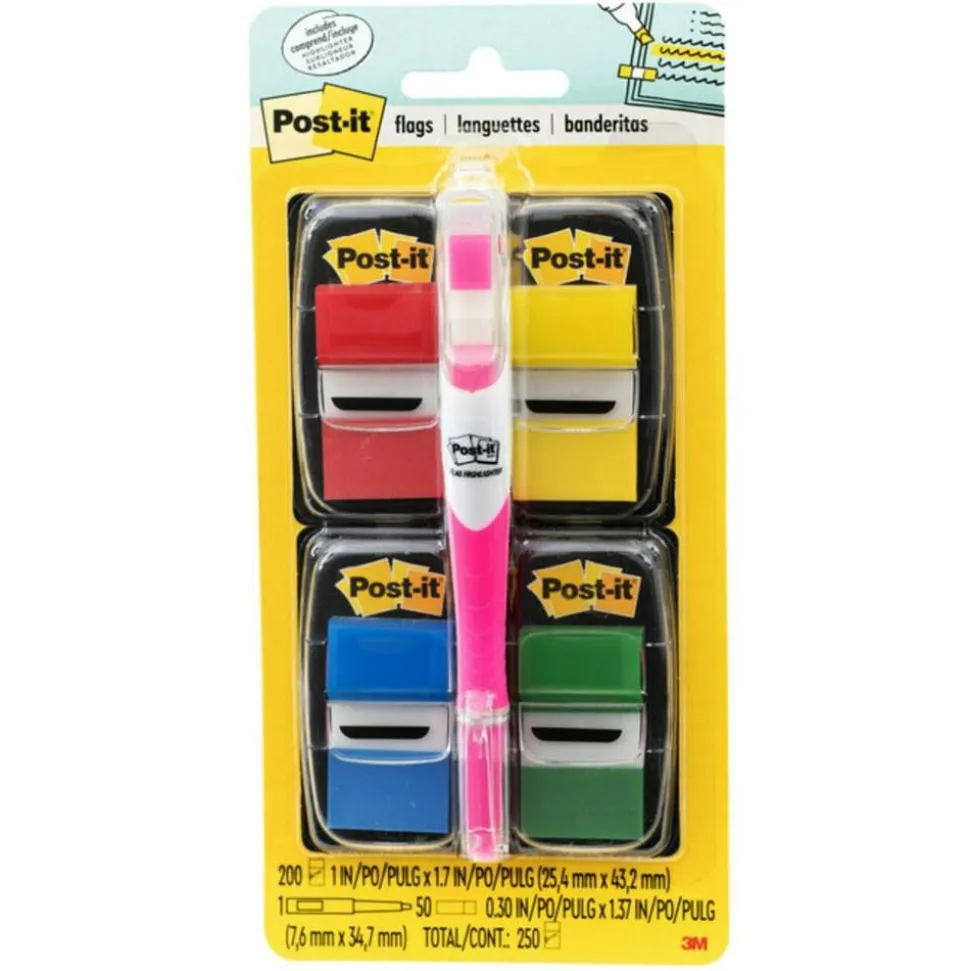 Post-it Notes Flags, With Flag Gel Pen, Assorted Primary Colors, 50 Flags Per Pad, Pack Of 4 Pads