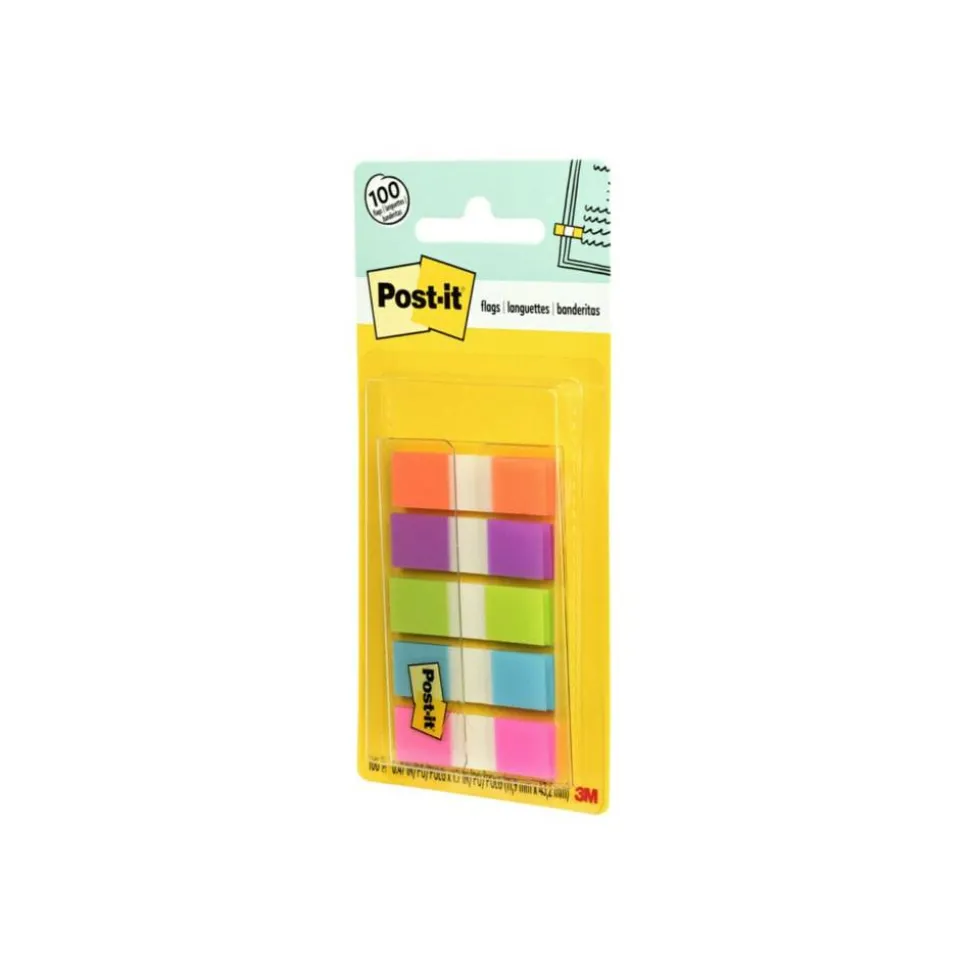 Post-it Notes Flags, 1/2" x 1-7/10", Assorted Bright Colors, 20 Flags Per Pad, Pack Of 5 Pads