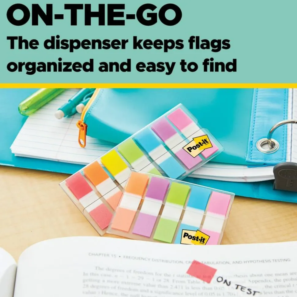 Post-it Notes Flags, 1/2" x 1-7/10", Assorted Bright Colors, 20 Flags Per Pad, Pack Of 5 Pads