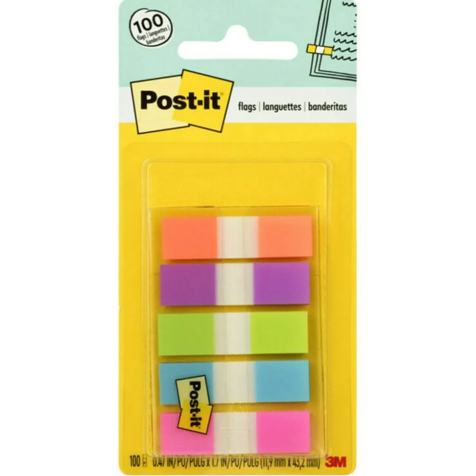 Post-it Notes Flags, 1/2" x 1-7/10", Assorted Bright Colors, 20 Flags Per Pad, Pack Of 5 Pads