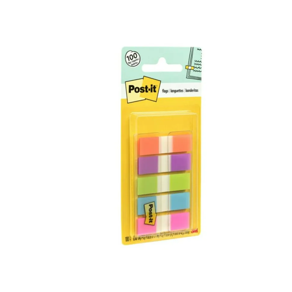 Post-it Notes Flags, 1/2" x 1-7/10", Assorted Bright Colors, 20 Flags Per Pad, Pack Of 5 Pads