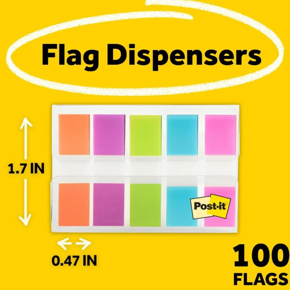 Post-it Notes Flags, 1/2" x 1-7/10", Assorted Bright Colors, 20 Flags Per Pad, Pack Of 5 Pads