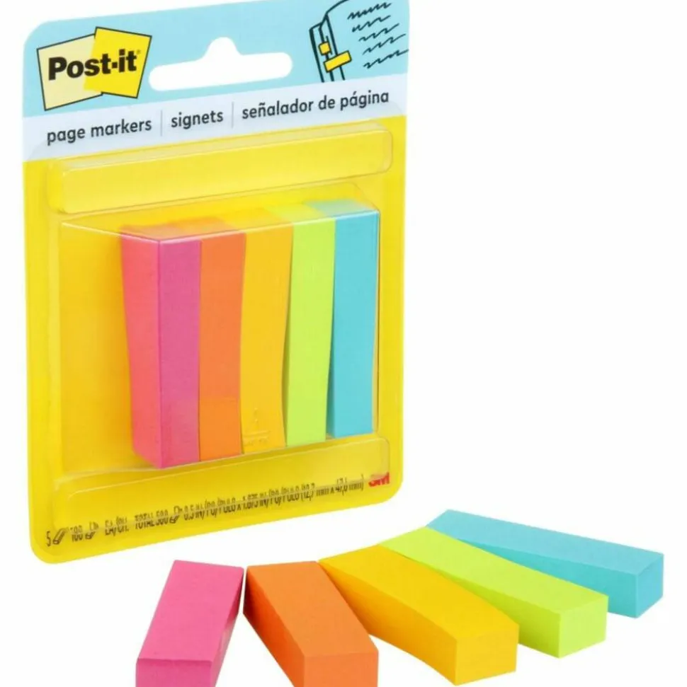 Post-it Notes Page Markers, 1/2" x 2", Electric Glow Colors, 100 Per Pad, Pack Of 5 Pads