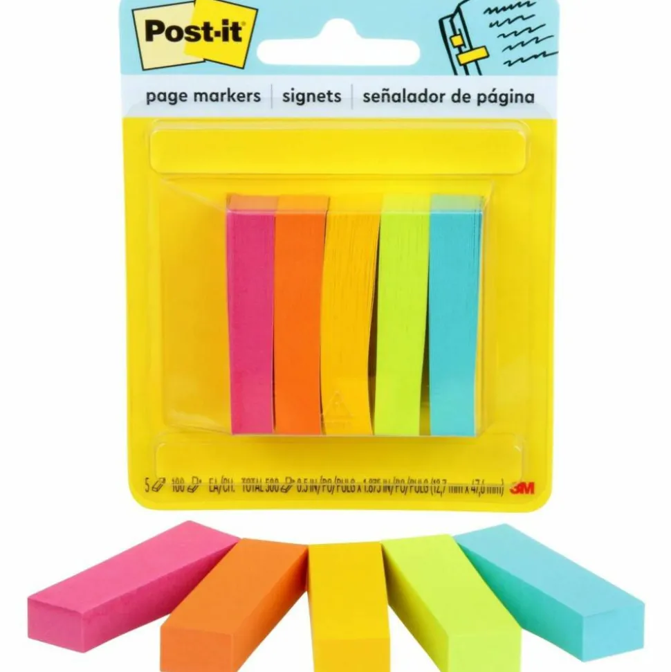 Post-it Notes Page Markers, 1/2" x 2", Electric Glow Colors, 100 Per Pad, Pack Of 5 Pads