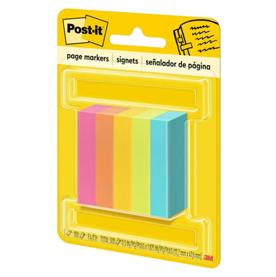 Post-it Notes Page Markers, 1/2" x 2", Electric Glow Colors, 100 Per Pad, Pack Of 5 Pads
