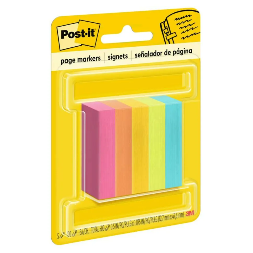 Post-it Notes Page Markers, 1/2" x 2", Electric Glow Colors, 100 Per Pad, Pack Of 5 Pads