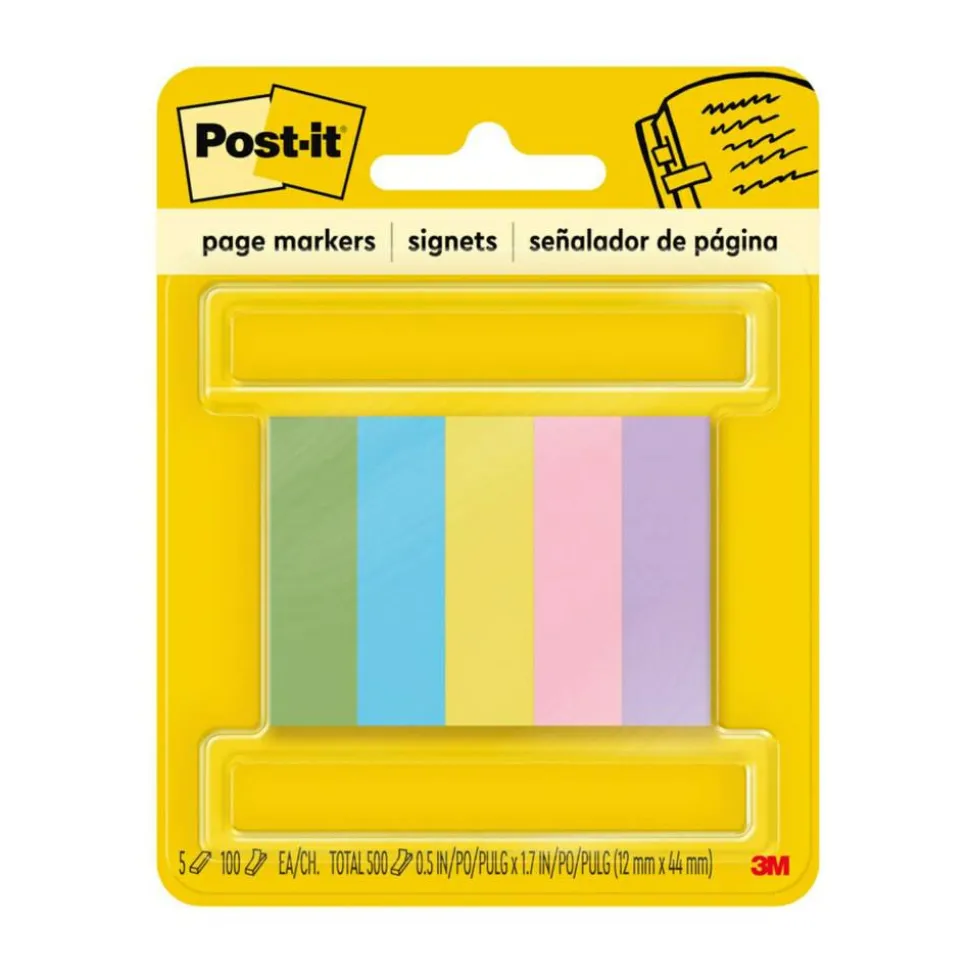 Post-it Notes Page Markers, 1/2" x 2", Jewel Pop Colors, 100 Per Pad, Pack Of 5 Pads