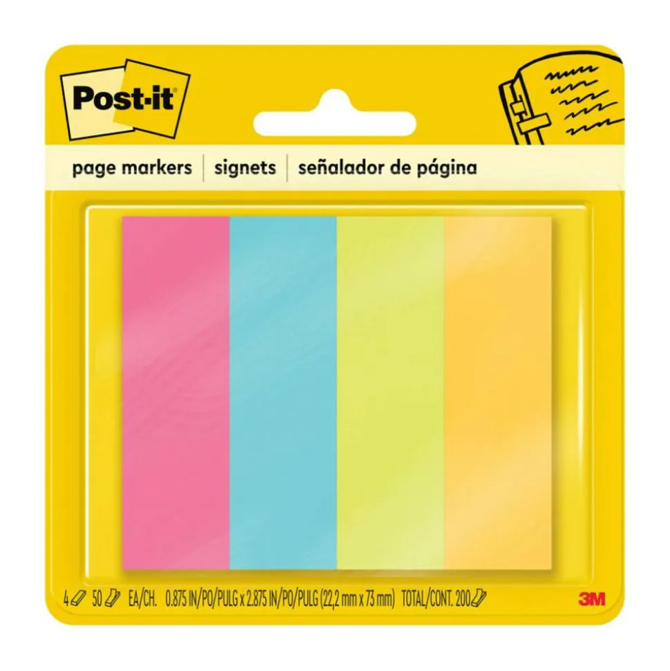 Post-it Notes Page Markers, 1" x 3", Ultra Colors, 50 Per Pad, Pack Of 4 Pads
