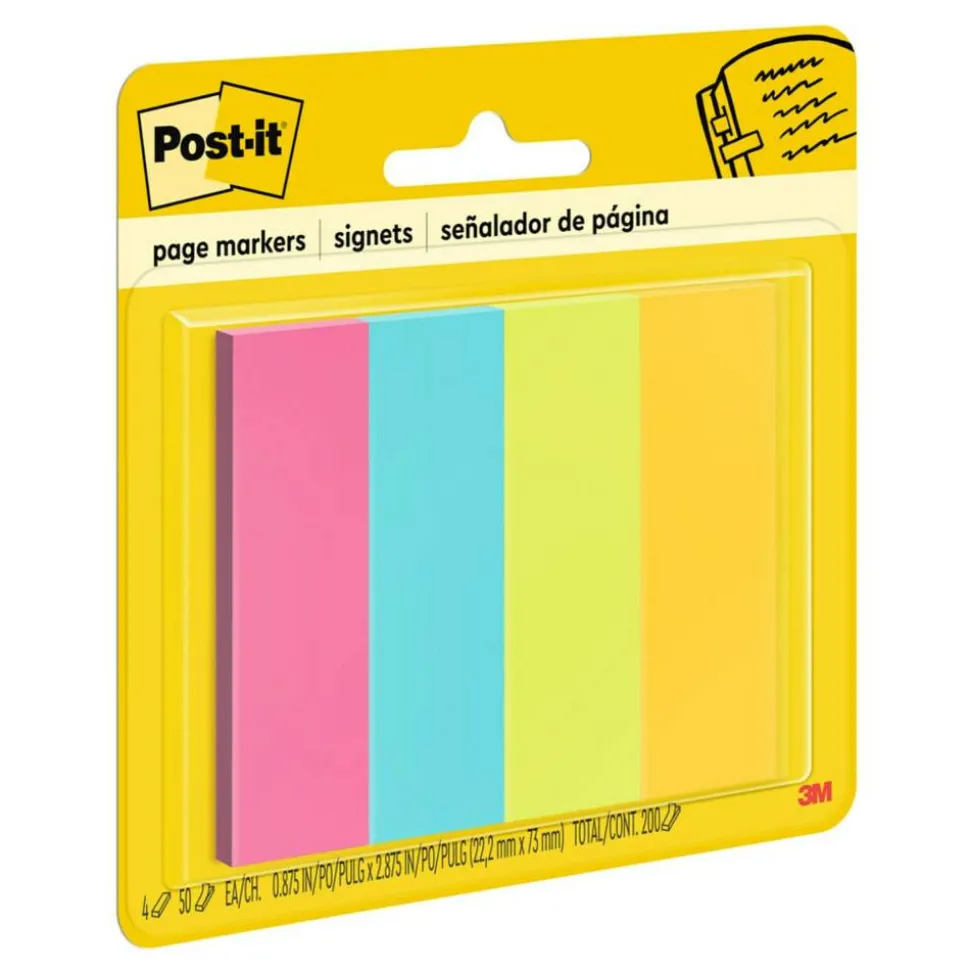Post-it Notes Page Markers, 1" x 3", Ultra Colors, 50 Per Pad, Pack Of 4 Pads