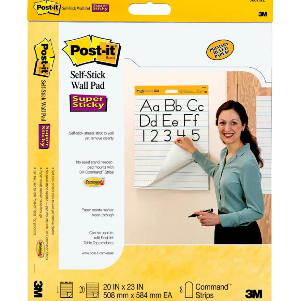 Post-it Self Stick Wall Pad, 20 in x 23 in, 2 Pads, 20 Sheets/Pad, Primary Ruled, White