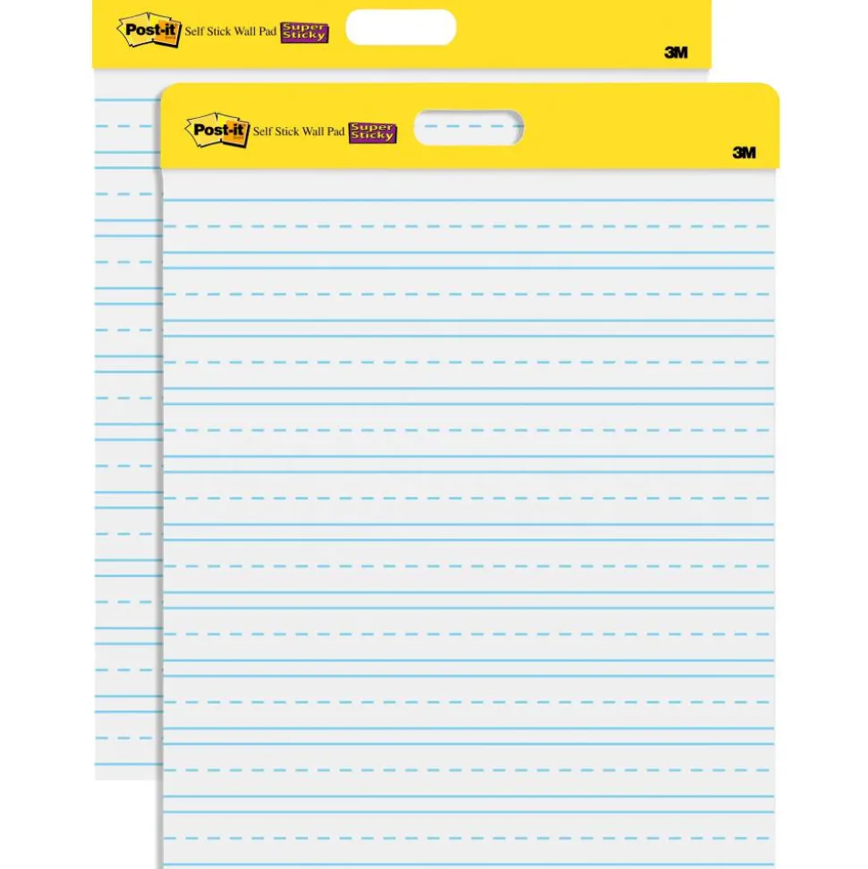 Post-it Self Stick Wall Pad, 20 in x 23 in, 2 Pads, 20 Sheets/Pad, Primary Ruled, White