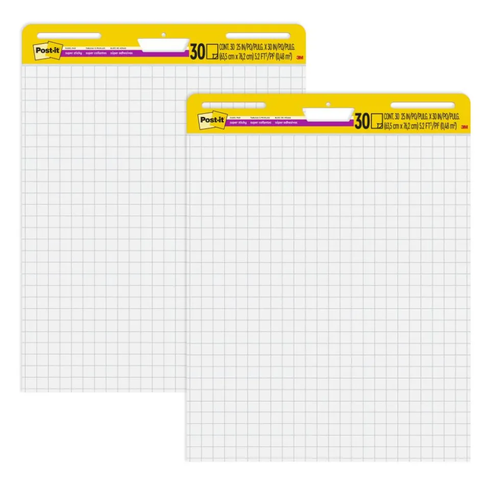 Post-it Super Sticky Easel Pads, 25 in x 30 in, 2 Pads, 30 Sheets/Pad, Grid Lined, Great for Virtual Teachers and Students, White