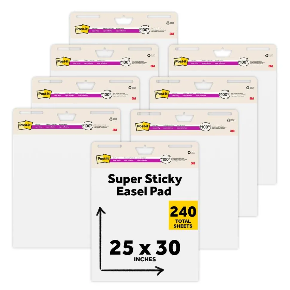 Post-it Super Sticky Easel Pads, 25" x 30", 8 Pads, 30 Sheets/Pad, 30% Recycled, School Supplies for Classrooms, White