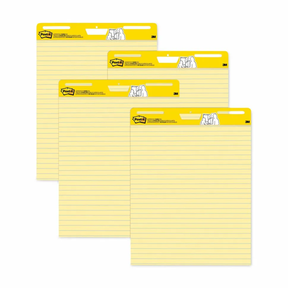 Post-it Super Sticky Easy Pads, 25" x 30", 4 Pads, 30 Sheets/Pad, Lined, School Supplies for Classrooms, Yellow