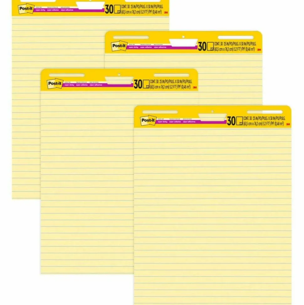 Post-it Super Sticky Easy Pads, 25" x 30", 4 Pads, 30 Sheets/Pad, Lined, School Supplies for Classrooms, Yellow