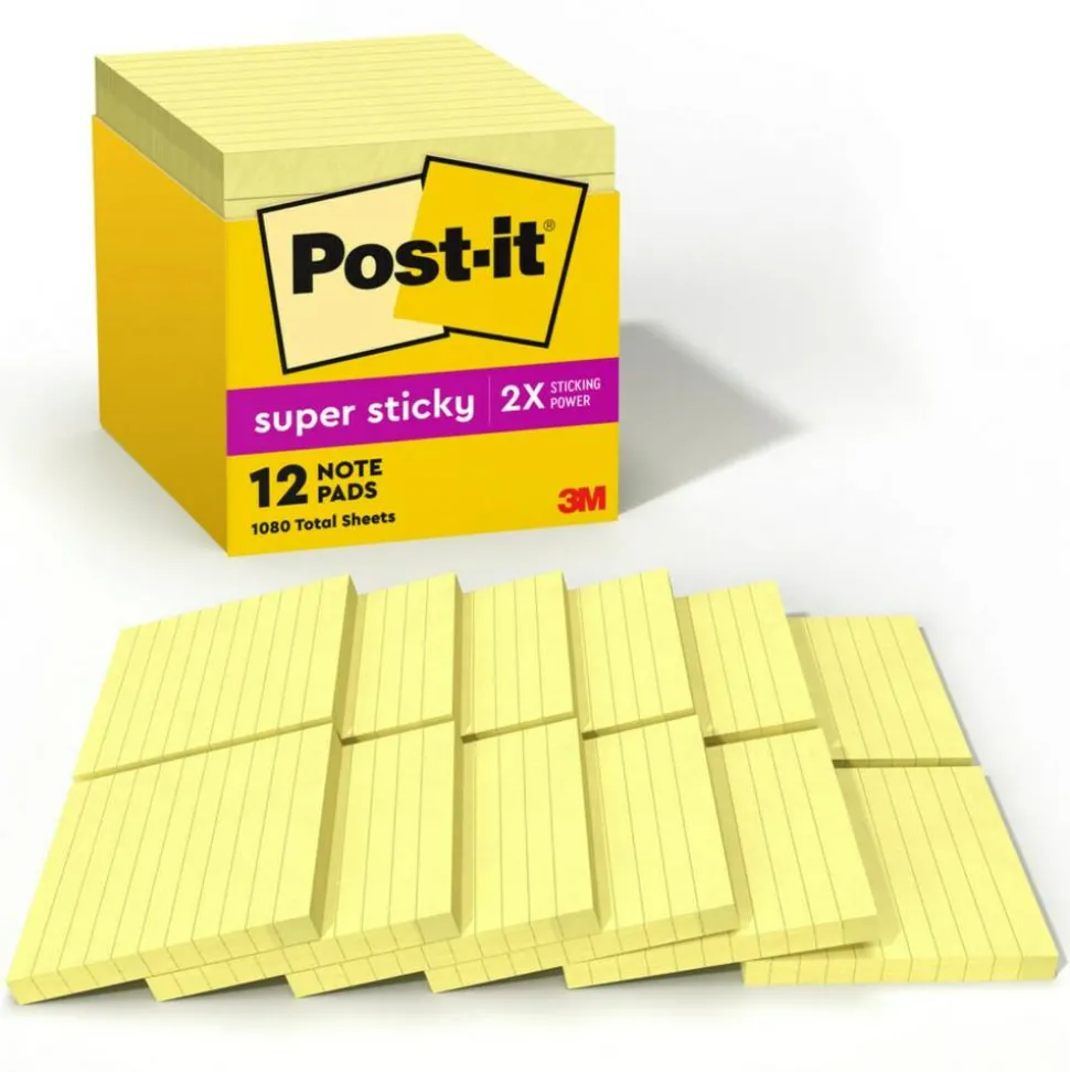 Post-it Super Sticky Notes, 12 Pads, 90 Sheets, 4 in x 4 in, 2x Sticking Power, School Supplies & Office Products - 67512SSCP