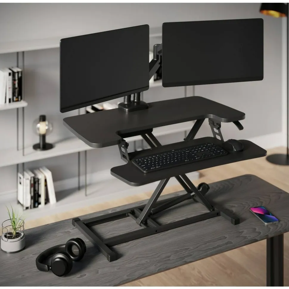 P10 Pneumatic Standing Desk Riser Converter With Keyboard Tray, 20"H x 31-1/2"W x 25"D, Black