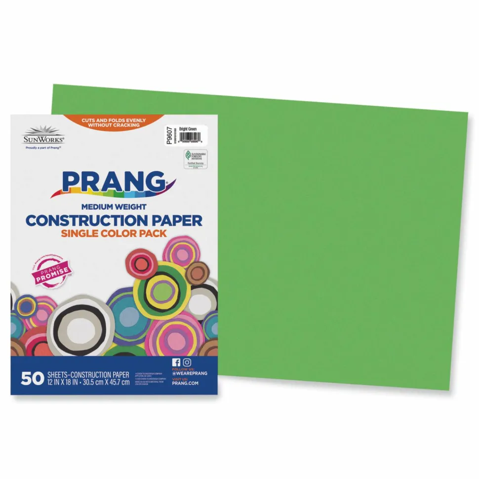 Prang SunWorks Construction Paper, 50 lb Text Weight, 12 x 18, Bright Green, 50/Pack