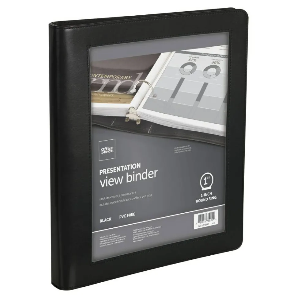 Premium Leatherette Presentation View 3-Ring Binder, 1" Round Rings, Black