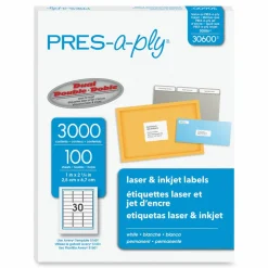 PRES-a-ply Labels, Laser Printers, 1 x 2.63, White, 30/Sheet, 100 Sheets/Box