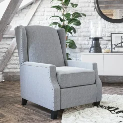 Prescott Traditional Style Slim Push Back Recliner Chair-Wingback Recliner with Gray Polyester Fabric Upholstery-Accent Nail Trim