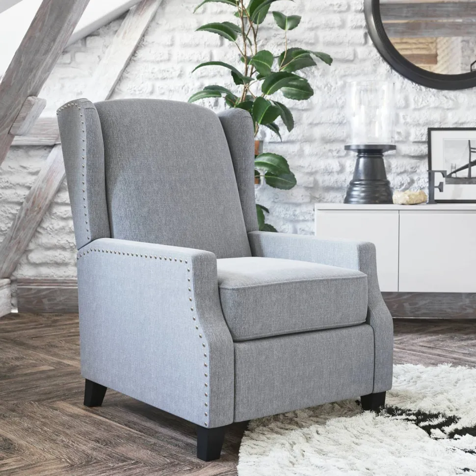 Prescott Traditional Style Slim Push Back Recliner Chair-Wingback Recliner with Gray Polyester Fabric Upholstery-Accent Nail Trim
