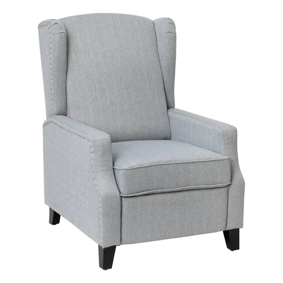 Prescott Traditional Style Slim Push Back Recliner Chair-Wingback Recliner with Gray Polyester Fabric Upholstery-Accent Nail Trim