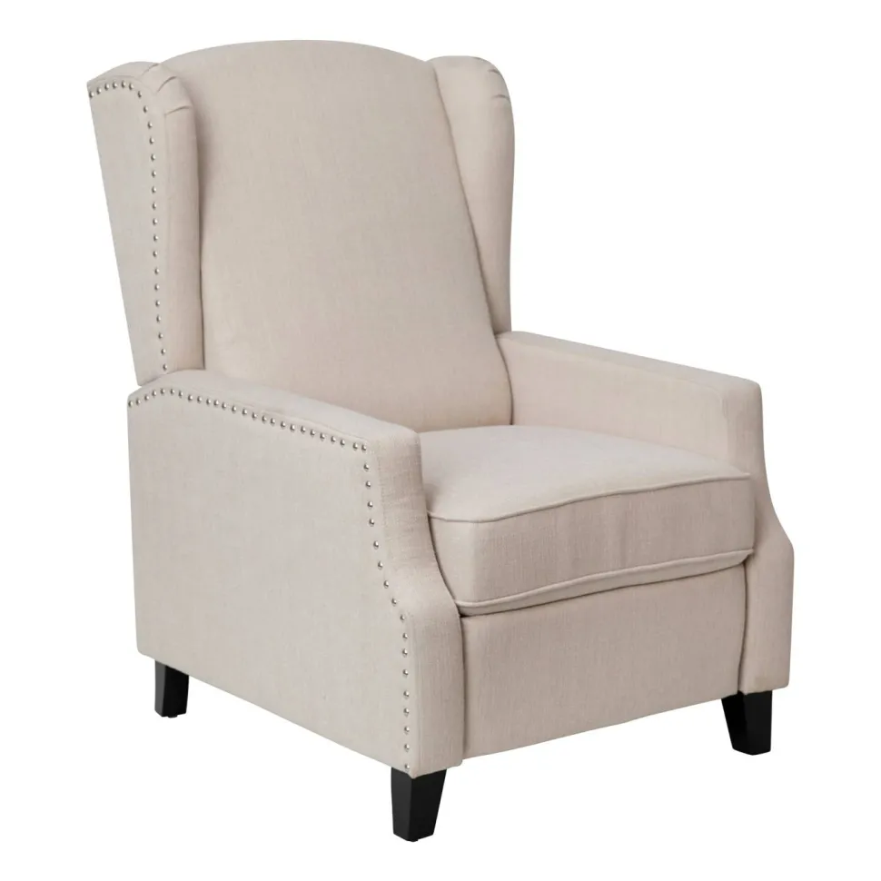 Prescott Traditional Style Slim Push Back Recliner Chair-Wingback Recliner with Cream Fabric Upholstery-Accent Nail Trim