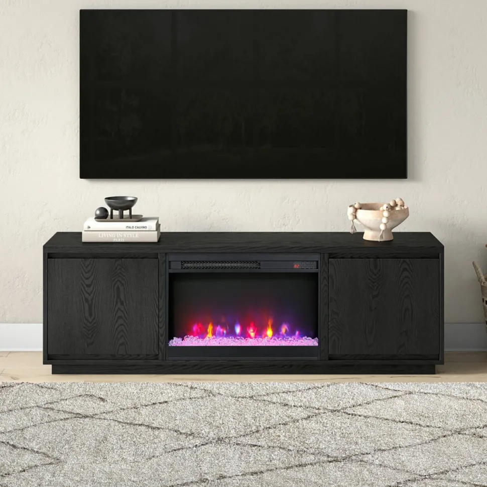 Presque Rectangular TV Stand with 26" Crystal Fireplace for TV's up to 75" in Black Grain
