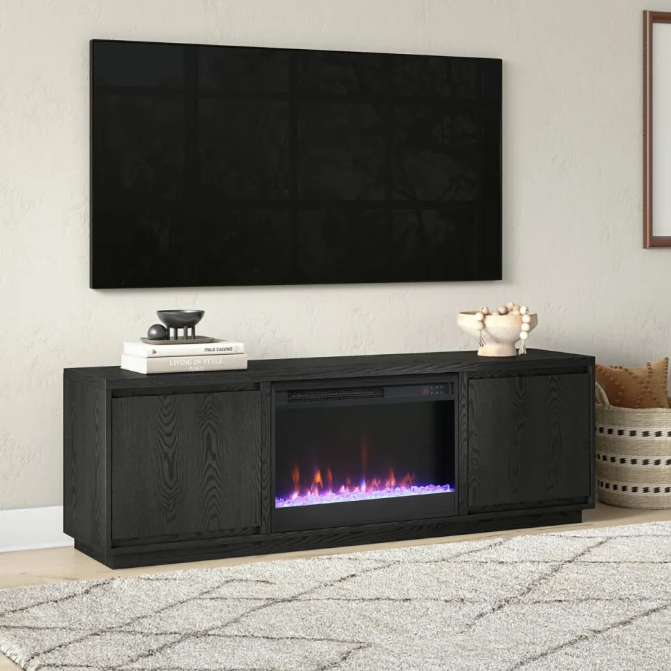 Presque Rectangular TV Stand with 26" Crystal Fireplace for TV's up to 75" in Black Grain
